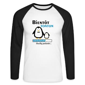 bientôt tonton pingouin,futur oncle - T-shirt baseball manches longues Homme - blanc/noir - Devant - Nik (191cm)