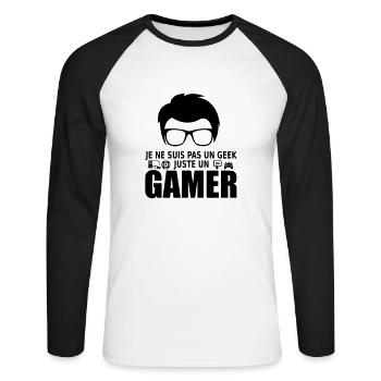 je ne suis pas un geek juste un gamer - Unisex Baseballshirt langarm - Weiß/Schwarz - Vorne - Nik (191cm)