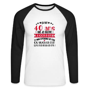 40 ans que je cultive la connerie anniversaire - T-shirt baseball manches longues Homme - blanc/noir - Devant - Nik (191cm)