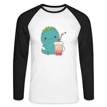 Kawaii Süße Glückliche bunte Dino Trinken Tee - Unisex Baseballshirt langarm - Weiß/Schwarz - Vorne - Nik (191cm)