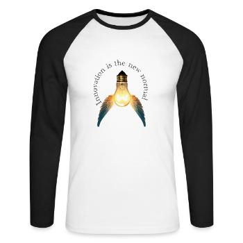 L’innovation est la nouvelle norme (Journée mondiale de la créativité) - T-shirt baseball manches longues Homme - blanc/noir - Devant - Nik (191cm)