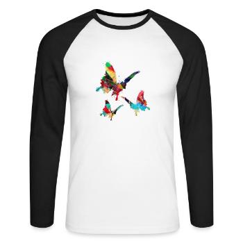 Papillons, Aquarelle, Coloré, Peinture, Graffiti - T-shirt baseball manches longues Homme - blanc/noir - Devant - Nik (191cm)