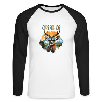 Griaß di Hirsch für das Dorffest Tracht Dorfkind - Unisex Baseballshirt langarm - Weiß/Schwarz - Vorne - Nik (191cm)