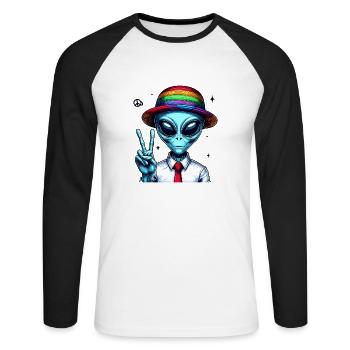 Alien zeigt Peace - Unisex Baseballshirt langarm - Weiß/Schwarz - Vorne - Nik (191cm)