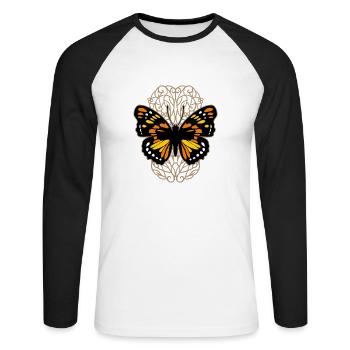 Schöner Schmetterling auf dem Ornamentmuster - Unisex Baseballshirt langarm - Weiß/Schwarz - Vorne - Nik (191cm)