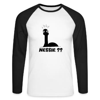 Nessie?? Illustration minimale du Loch Ness - T-shirt baseball manches longues Homme - blanc/noir - Devant - Nik (191cm)