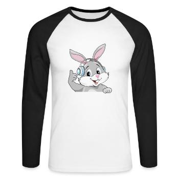 Lapin souriant et satisfait dans les écouteurs - T-shirt baseball manches longues Homme - blanc/noir - Devant - Nik (191cm)