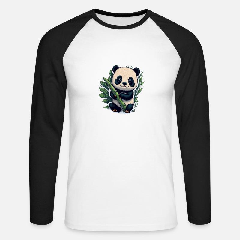 Cute Panda with Bamboo - Unisex Long Sleeve Baseball T-Shirt - white/black
