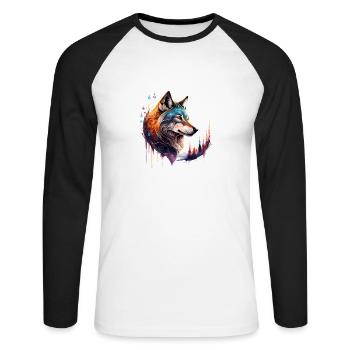 Wolfsglanz: Majestätischer Wolfskopf - Unisex Baseballshirt langarm - Weiß/Schwarz - Vorne - Nik (191cm)