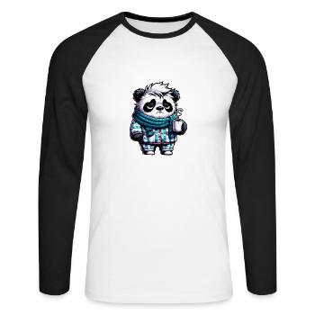 Panda in Pyjama und Schal mit einer Tasse Kaffee - Unisex Baseballshirt langarm - Weiß/Schwarz - Vorne - Nik (191cm)
