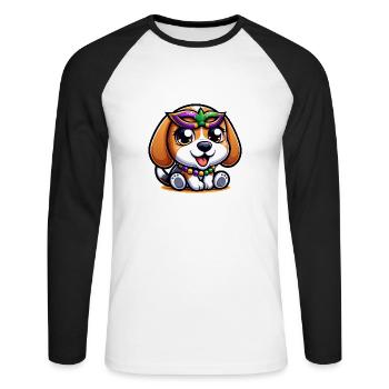 Mardi Gras Beagle: Hund mit Maske und Perlen - Unisex Baseballshirt langarm - Weiß/Schwarz - Vorne - Nik (191cm)