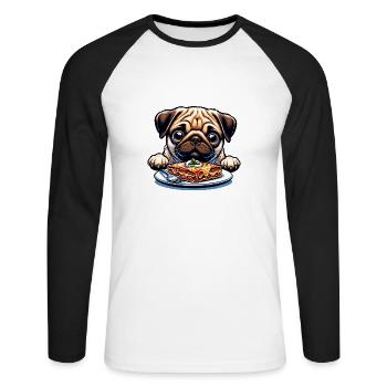 Hund Mops Genießt Lasagne - Unisex Baseballshirt langarm - Weiß/Schwarz - Vorne - Nik (191cm)
