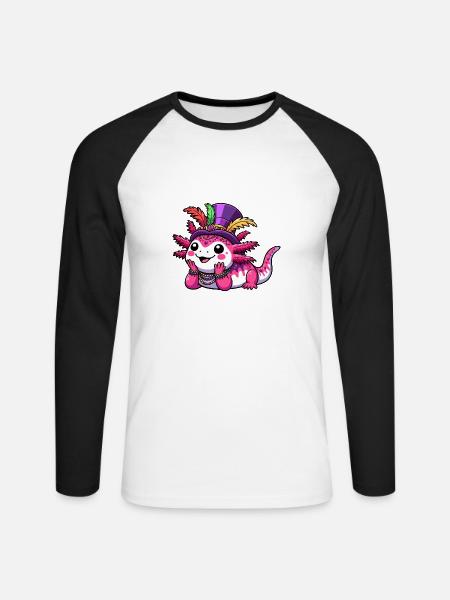 Mardi Gras Axolotl: Carnival Joy - Unisex Long Sleeve Baseball T-Shirt - white/black