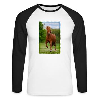 Icelandic horse running in tölt over meadow horse photo - Unisex Long Sleeve Baseball T-Shirt - white/black - Front - Nik (191cm)
