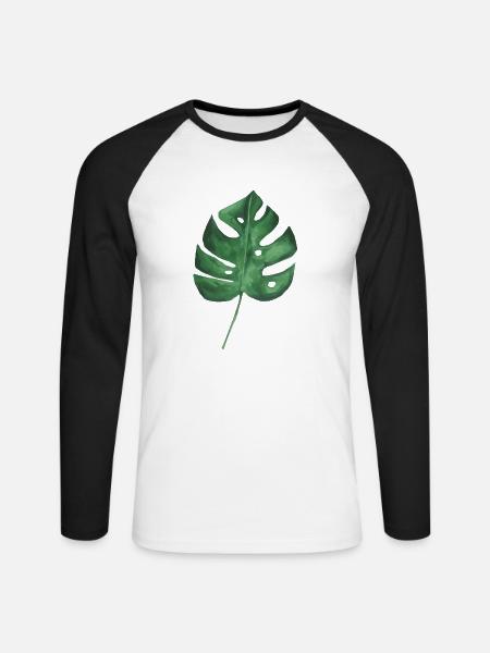 Großes grünes Blatt einer Monstera - Unisex Baseballshirt langarm - Weiß/Schwarz