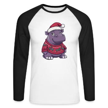 Nilpferd Weihnachten Comic - Unisex Baseballshirt langarm - Weiß/Schwarz - Vorne - Nik (191cm)