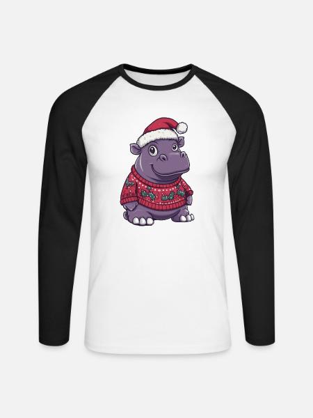 Nilpferd Weihnachten Comic - Unisex Baseballshirt langarm - Weiß/Schwarz