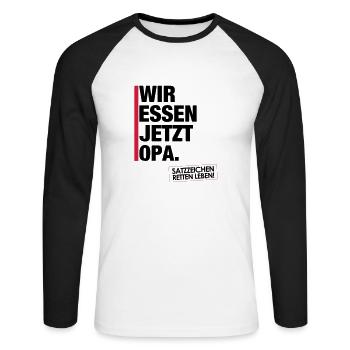 Wir essen jetzt Opa. - Unisex Baseballshirt langarm - Weiß/Schwarz - Vorne - Nik (191cm)