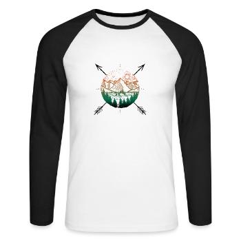 Nature landscape mountains trees island arrows lake - Unisex Long Sleeve Baseball T-Shirt - white/black - Front - Nik (191cm)