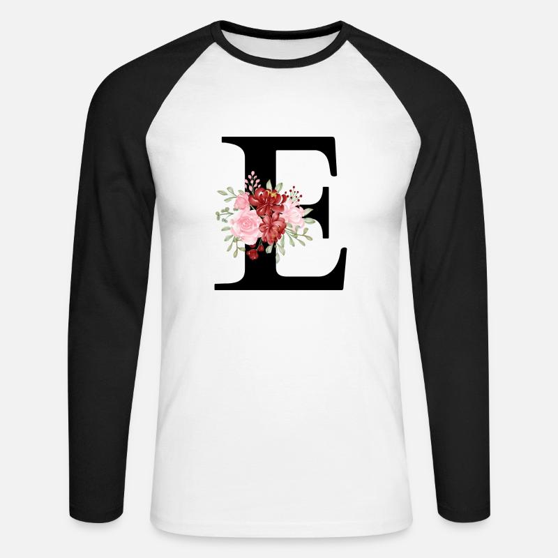 Roter Blumenbuchstabe E - Unisex Baseballshirt langarm - Weiß/Schwarz