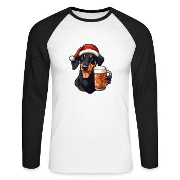 Dobermann Hund Bier Xmas Weihnachten - Unisex Baseballshirt langarm - Weiß/Schwarz - Vorne - Nik (191cm)