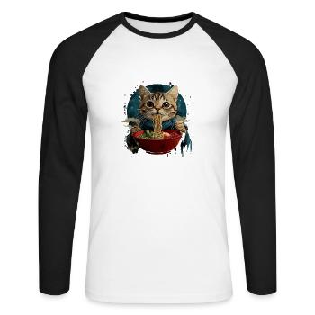 Manga Anime Ramen Nudeln Katze Japan Kawaii Retro - Unisex Baseballshirt langarm - Weiß/Schwarz - Vorne - Nik (191cm)