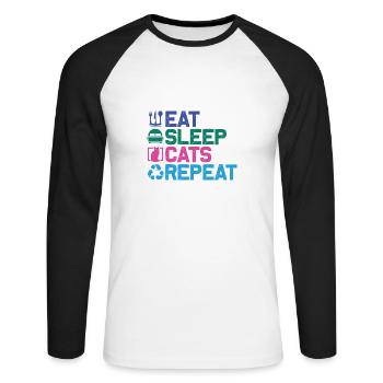 Eat, Sleep, Cats, Repeat - Katze T-Shirt Design - Unisex Baseballshirt langarm - Weiß/Schwarz - Vorne - Nik (191cm)