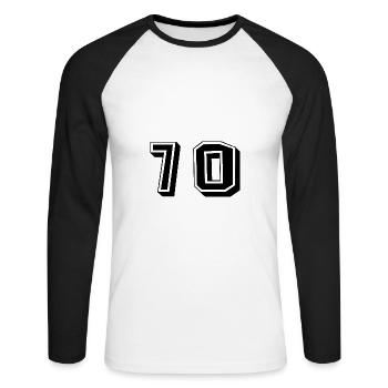 70 JAHRE. 70-jähriges JUBILÄUM. JUBILÄUM 70 JAHRE. 70 - Unisex Baseballshirt langarm - Weiß/Schwarz - Vorne - Nik (191cm)