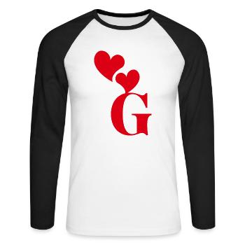 Buchstabe g rotes Herz - Unisex Baseballshirt langarm - Weiß/Schwarz - Vorne - Nik (191cm)