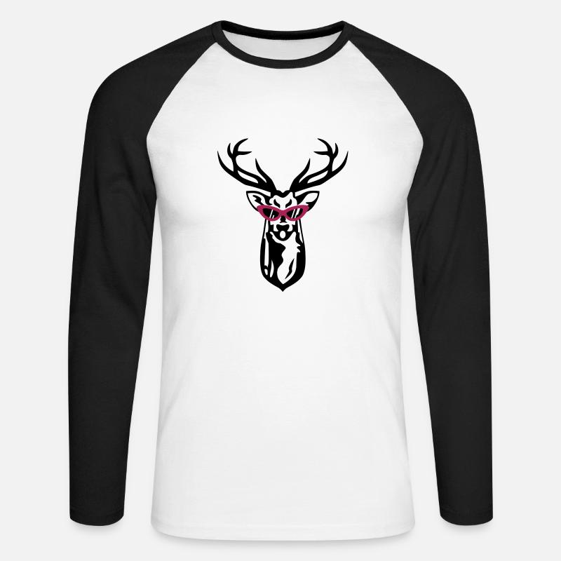 Hirsch mit Retrobrille - Unisex Baseballshirt langarm - Weiß/Schwarz