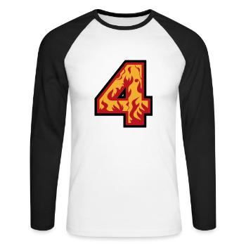 Nummer vier mit Flammen - Zahl 4 mit Feuer 🔥 - Unisex Baseballshirt langarm - Weiß/Schwarz - Vorne - Nik (191cm)