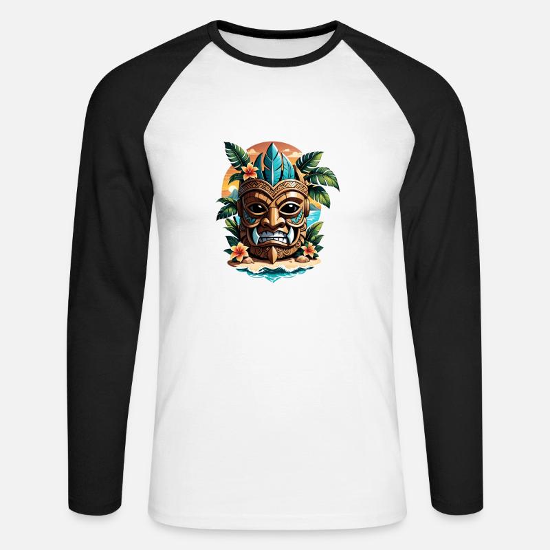 Tiki Beach - Polynesien Statue - Unisex Baseballshirt langarm - Weiß/Schwarz