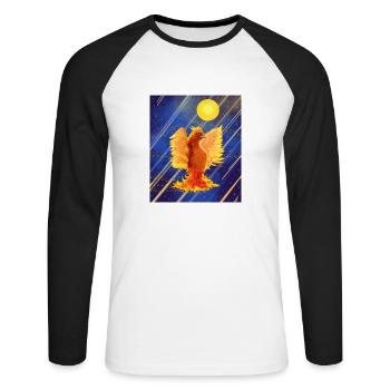 Kosmisch leuchtender Feuervogel: Cyber-Semurg - Unisex Baseballshirt langarm - Weiß/Schwarz - Vorne - Nik (191cm)