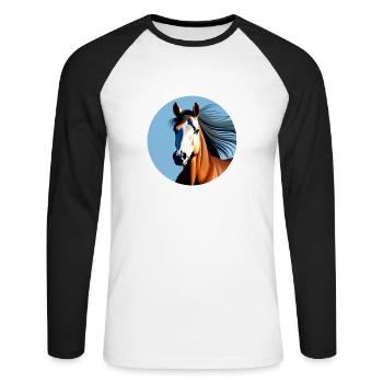 Cheval de sport marron au galop - T-shirt baseball manches longues Homme - blanc/noir - Devant - Nik (191cm)