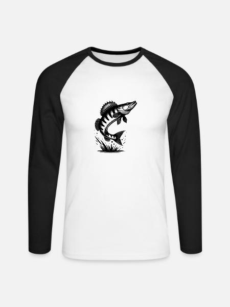 Großer springender Zander Fisch - Unisex Baseballshirt langarm - Weiß/Schwarz