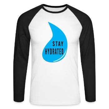 Conception de gouttes d’eau Stay Hydrate – Devis de fitness - T-shirt baseball manches longues Homme - blanc/noir - Devant - Nik (191cm)