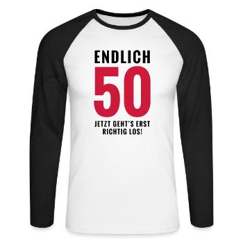 Endlich 50 - Geburtstag - Unisex Baseballshirt langarm - Weiß/Schwarz - Vorne - Nik (191cm)