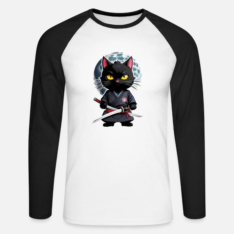 Ninja Cat - Samurai Kitten - Unisex Long Sleeve Baseball T-Shirt - white/black