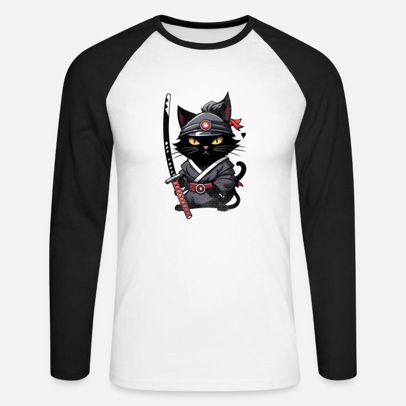 Ninja Cat - Samurai Kitten - Unisex Long Sleeve Baseball T-Shirt - white/black