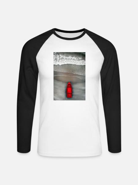 Rotes Boot am Grauen Ufer - Unisex Baseballshirt langarm - Weiß/Schwarz