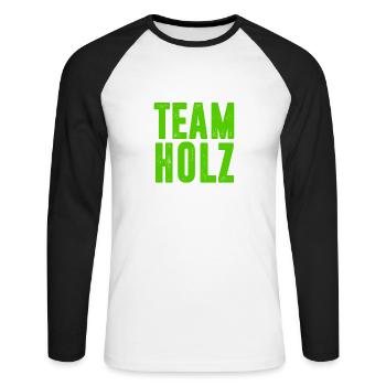 TEAM HOLZ / KETTENSÄGE / WALD / GESCHENK - Unisex Baseballshirt langarm - Weiß/Schwarz - Vorne - Nik (191cm)