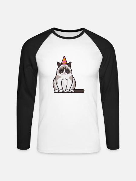 Gnaven, grim kat med festhat - Langærmet herre-baseballshirt - hvid/sort