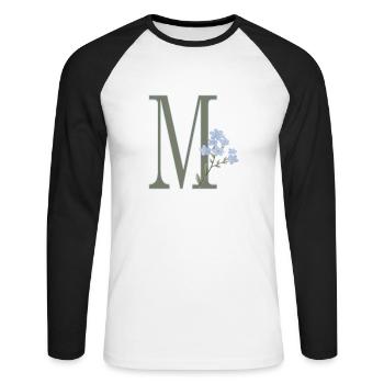M mit blauen Blüten - Unisex Baseballshirt langarm - Weiß/Schwarz - Vorne - Nik (191cm)