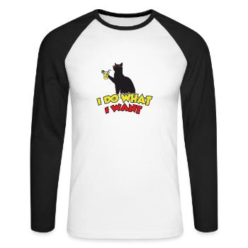 Katzenshirt: Ich mache was ich will! - Unisex Baseballshirt langarm - Weiß/Schwarz - Vorne - Nik (191cm)