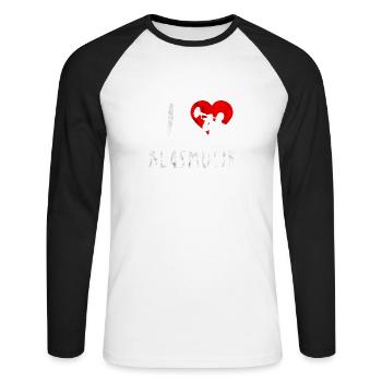 Ich liebe Blasmusik Holzblasinstrument Geschenk - Unisex Baseballshirt langarm - Weiß/Schwarz - Vorne - Nik (191cm)