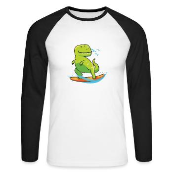 Surfing Dinousaur Holiday Shirt Geschenk - Unisex Baseballshirt langarm - Weiß/Schwarz - Vorne - Nik (191cm)