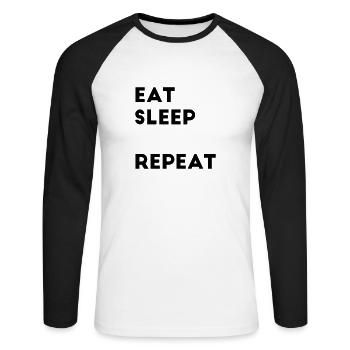 Remplissez Eat Sleep Repeat en disant le modèle de texte - T-shirt baseball manches longues Homme - blanc/noir - Devant - Nik (191cm)