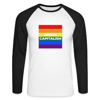 Smash Capitalism LGBT - Unisex Baseballshirt langarm - Weiß/Schwarz - Vorne - Nik (191cm)