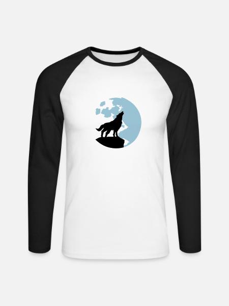 wolf and full moon - Unisex Long Sleeve Baseball T-Shirt - white/black