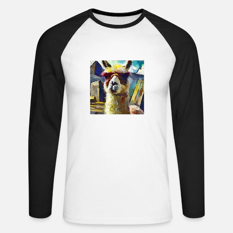 Abstraktes farbiges Ölgemälde eines Lamas - Unisex Baseballshirt langarm - Weiß/Schwarz